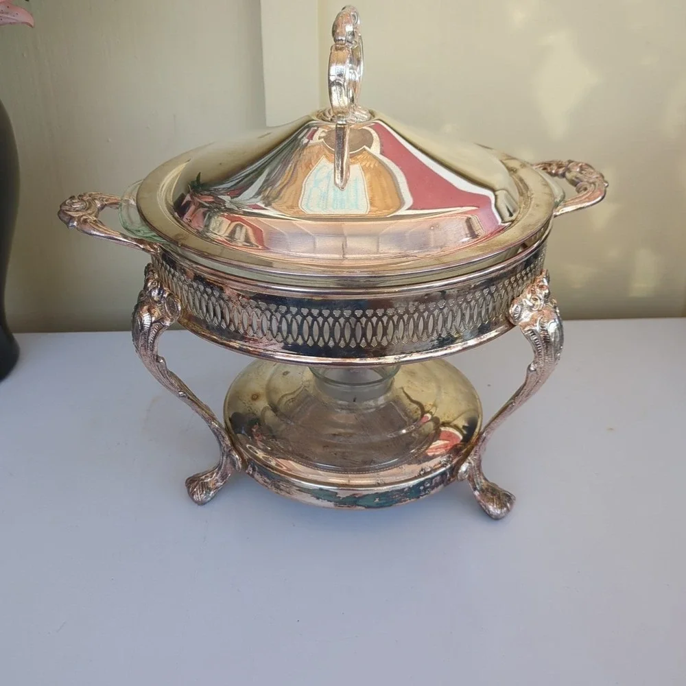 Vintage Silver Plated Leonard Food Warmer w/ Lid, Glass Bowl Insert #5516